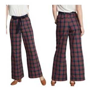 Modcloth Savannah Pant Red & Navy Plaid High Rise Wide Leg Belted Size Small